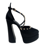 Spitze Nieten Blockabsatz Satin Hochzeit Cocktail 15cm Doppelte wasserdichte Plattform mit Schuhen Heels